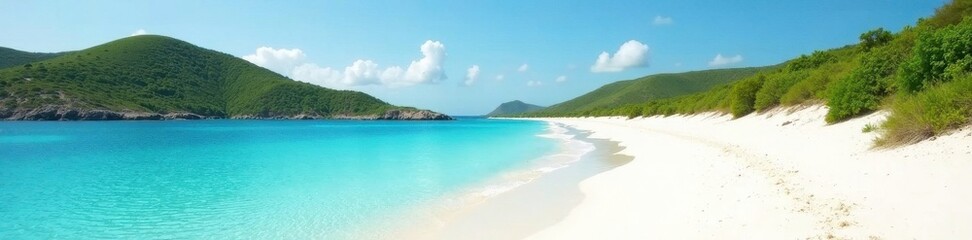 White sand curves, clear shallows, green hills, idyllic, landscape