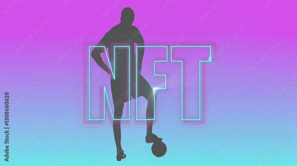 Poster animation of person with soccer ball over vibrant nft text and gradient background