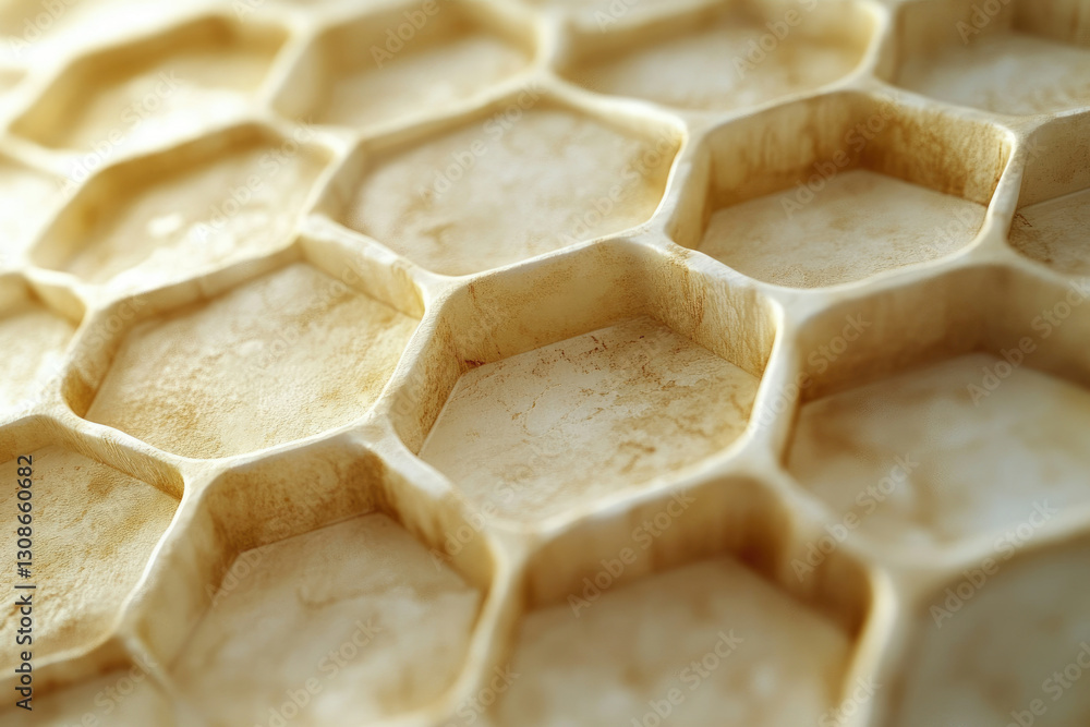 Poster close-up of a honeycomb structure, showing hexagonal cells with a textured, aged appearance.