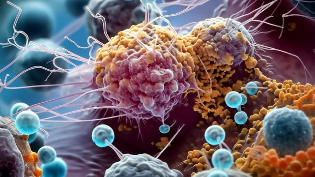 Tumor microenvironment background with cancer cells, T-Cells, nanoparticles, molecules, and blood vessels. Oncology research concept