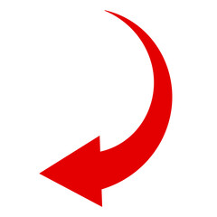 A simple, red, curved arrow pointing to the left and down on a white background. Direction symbol. Arrow symbol for app, UI, web. Vector illustration © ptgregus