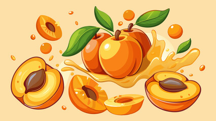 Fresh ripe whole and sliced apricot fruits with juice drops flying falling isolated on light color background. © williamnoah