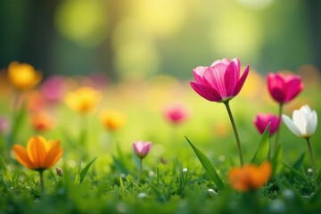 Obraz premium Blurred meadow, vibrant spring flowers highlighted, beautiful, green, pink