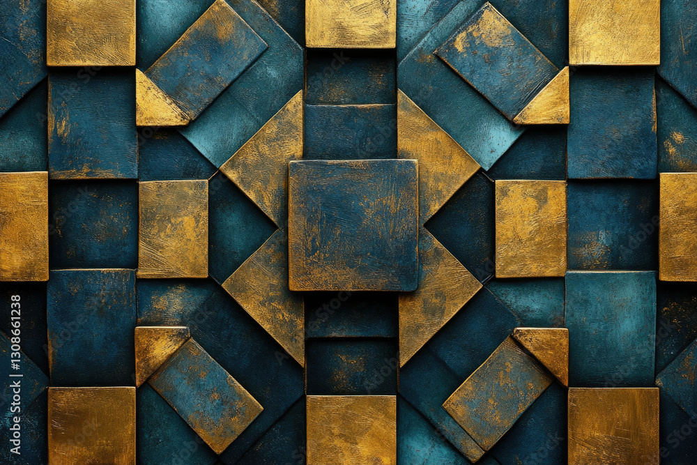 Poster Abstract geometric pattern with teal and gold square tiles creating a symmetrical design.