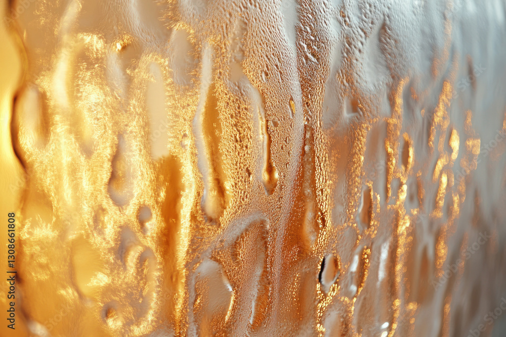 Poster Condensation on a glass surface, illuminated by warm light, creating a textured, abstract pattern.