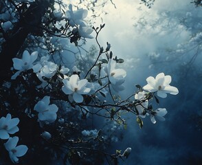 Mystical white magnolia blossoms on a tree branch, backlit by soft light, creating a dreamy atmosphere.