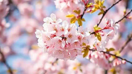 Obraz premium Cherry blossom branch with delicate pink flowers and leaves, color, trees, Sakura