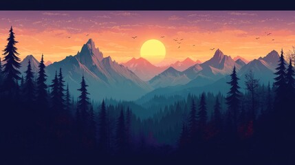 A mountain forest at sunset.
