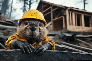 portrait of funny beaver in yellow builder's helmet and uniform building new wooden house in the forest