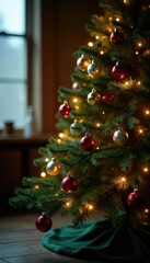 Decorated evergreen tree with sparkling lights and ornaments, rustic charm, festive atmosphere