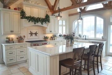 Christmas garland decorating modern farmhouse kitchen with island and wooden beams