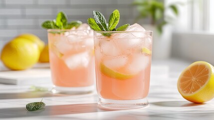 Refreshing Pink Lemonade with Ice Cubes, Mint Leaves, and Lemon Slices in Decorative Glasses - The Perfect Summer Drink