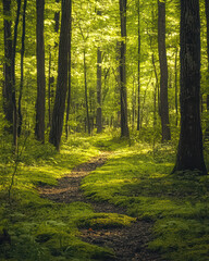 Fototapeta premium Sun-Dappled Trail: A winding path inviting discovery through a verdant forest, the air thick with the scent of moss and the symphony of nature.