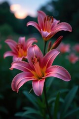 Delicate Asiatic lily flowers in the garden at dusk, flower, nature