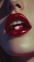 Obraz premium Glossy Red Lips Holding Red and Pink Capsule Pill