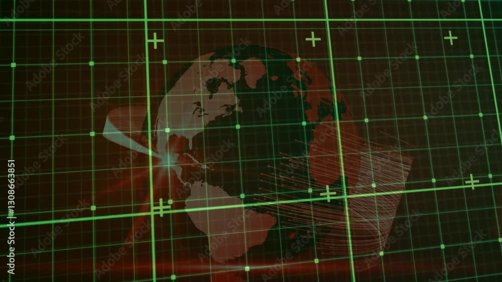 Poster animation of globe with grid lines and digital data overlay in red and green