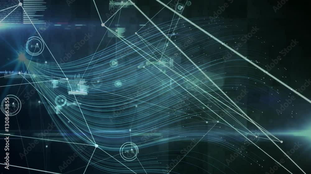 Poster animation of digital network with flowing lines and data graphs on dark background
