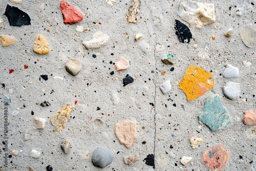 Aufkleber grey concrete wall textured with embedded colorful stones of various shapes and sizes.