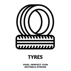 Tyres editable stroke outline icon isolated on white background flat vector illustration, Pixel perfect