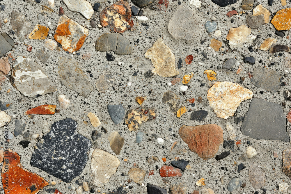 Poster A close-up of a concrete surface embedded with various sizes and colors of stones.