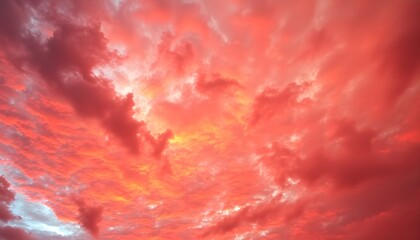 A dramatic sky filled with deep red and orange hues, showcasing dense, textured clouds with varying shades, creating a fiery and intense atmosphere.