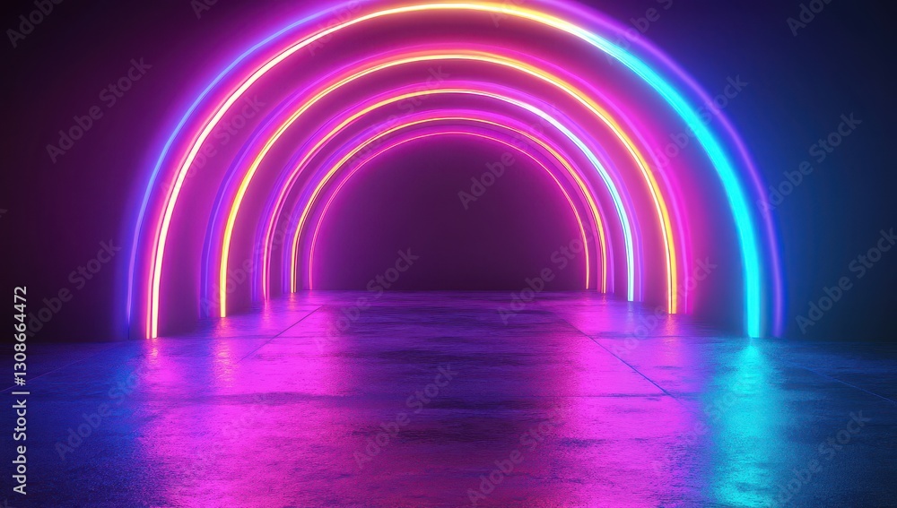Poster vibrant neon arches in a dark space creating a glowing tunnel effect with colorful lights and reflec
