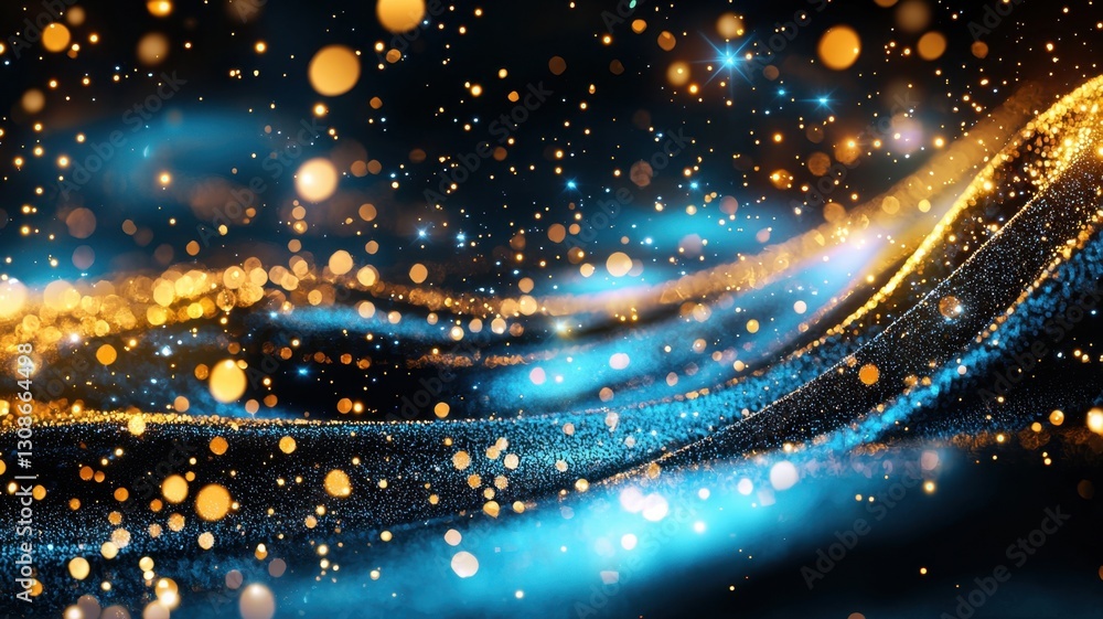 Poster abstract background with flowing golden and blue particles, creating a magical and festive atmospher