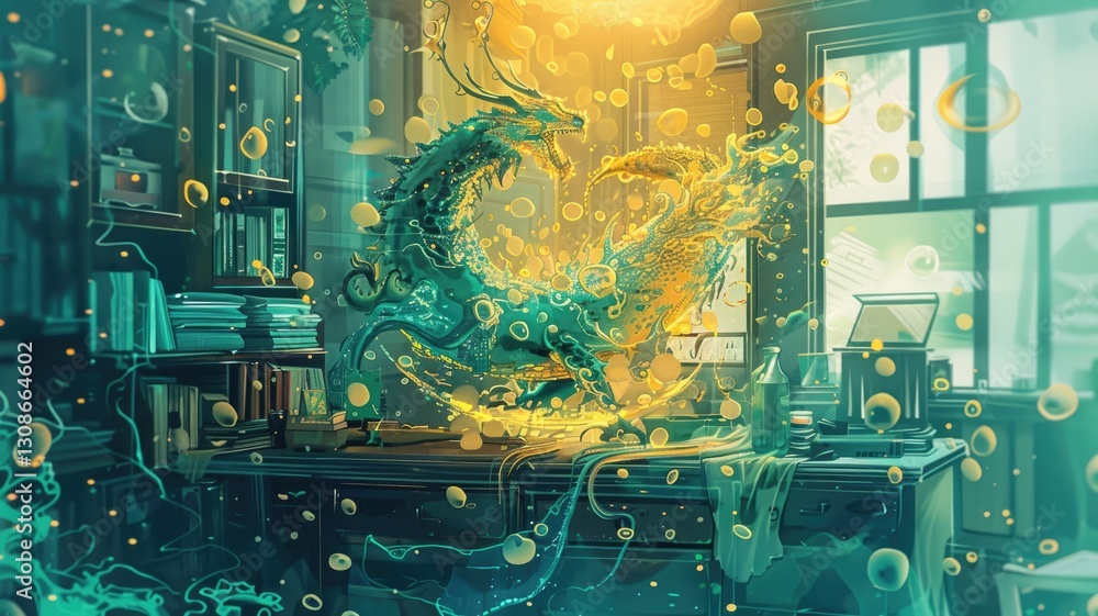 Poster magical laboratory with glowing elements and mysterious artifacts. magical room decorated with windo