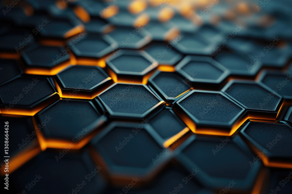 Poster abstract background of dark hexagon pattern with orange glowing edges. futuristic, technological, an