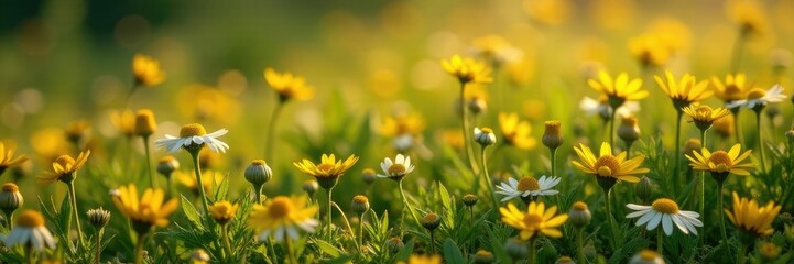 Obraz premium Dried camomille flowers scattered on the ground, wildflowers, landscape, dried camomile flowers