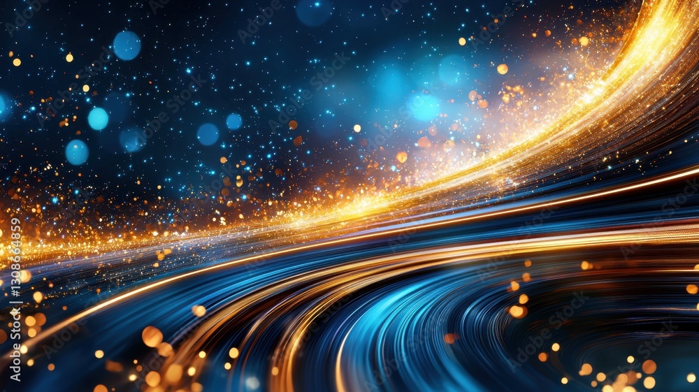 Poster abstract background with flowing golden and blue particles, creating a magical and festive atmospher