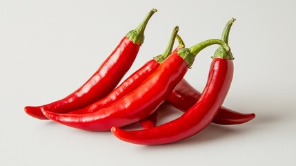 Red chili peppers shown against a white backdrop.  They're ready to use in food photos.
