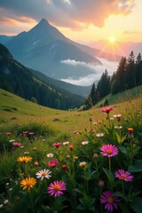 Misty sunrise bathes a mountain meadow in soft light, wildflowers awakening , mountain meadow, morning, colors