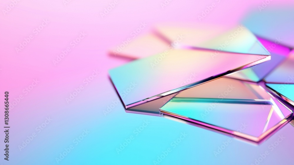 Poster iridescent holographic crystal glass plates reflecting prismatic colors against gradient background 