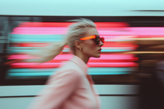 Businesswoman walking near neon lights in city street