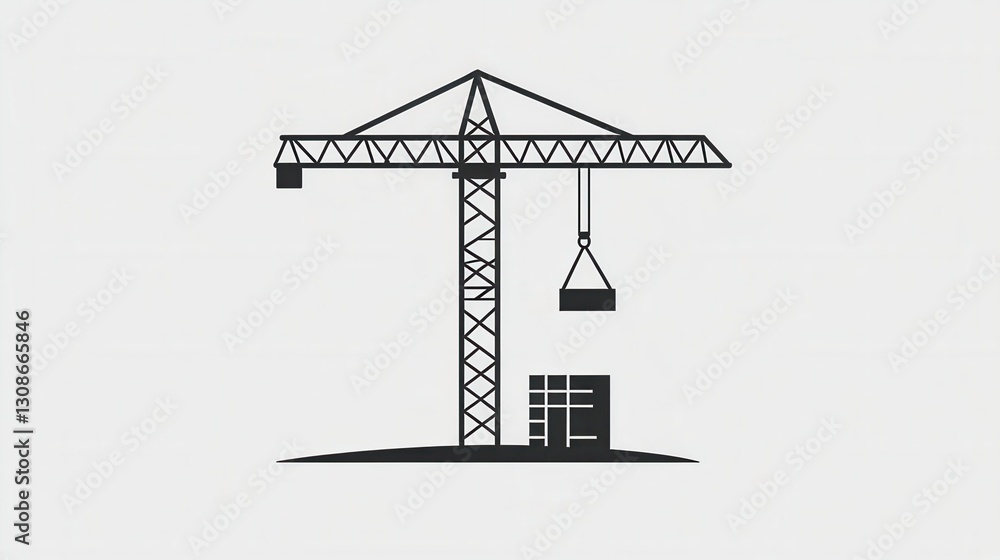Poster modern minimalist construction logo featuring a tower crane lifting a block with simple line art on 