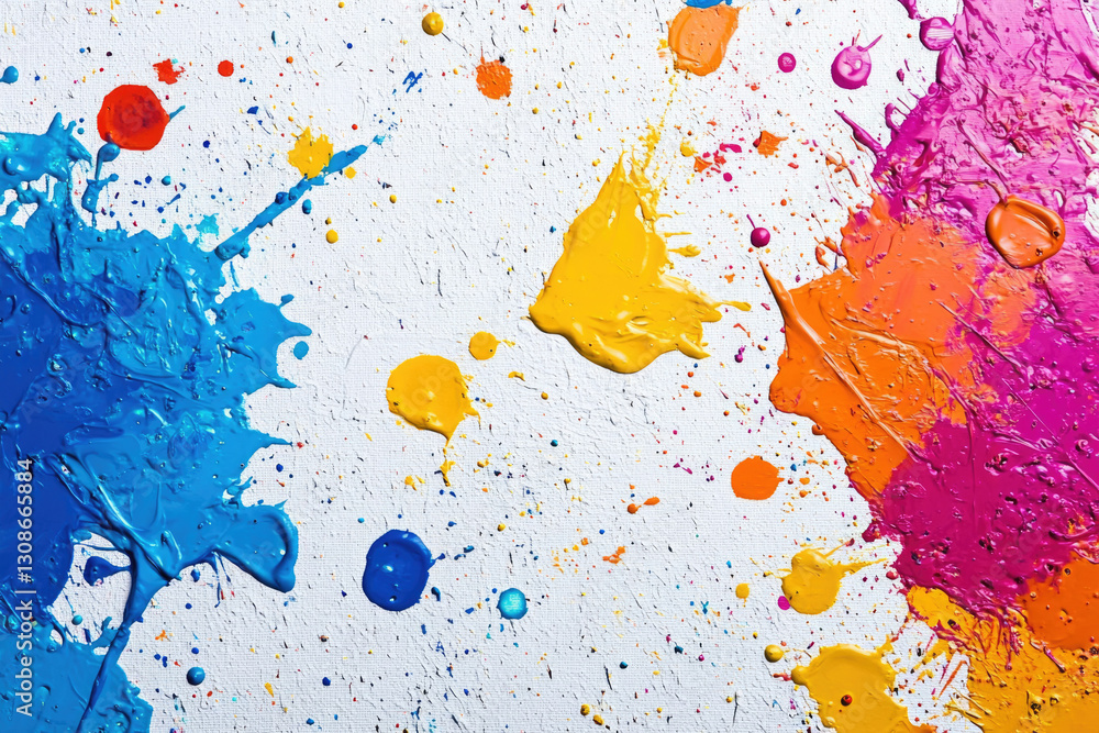 Poster vibrant abstract art featuring colorful paint splatters and splashes on a white background, showcasi