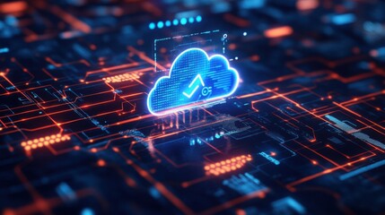 Fototapeta premium Stylized technology concept of a cloud software update, featuring sync symbols and digital progress bars
