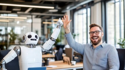 Friendly Robot and Man Celebrating Success in Modern Office Environment
