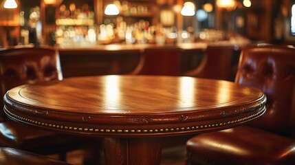 Empty round wooden table in a dimly lit bar with leather chairs.
