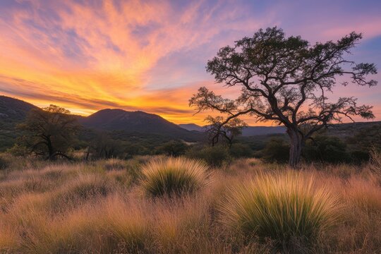 Serene sunset casting vibrant shadows on expansive texas fields adorned with rich native grasses, creating a tranquil rural landscape for nature enthusiasts and photographers