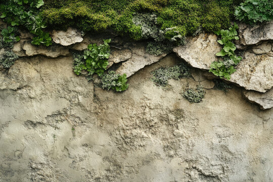 Moss and lichen growing on a weathered, cracked stone wall.