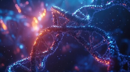 3D visualization of a molecular network, neurons, and DNA helix glowing in a deep blue digital space, symbolizing biotechnology and medicine