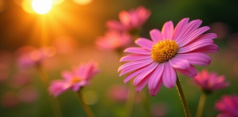 Obraz premium Sunset-kissed pink daisies, summer garden bloom, flowers, sunset