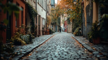 A cobblestone street leading to a hidden gem cafe in a lesser-known neighborhood, capturing the authenticity and uniqueness of cities