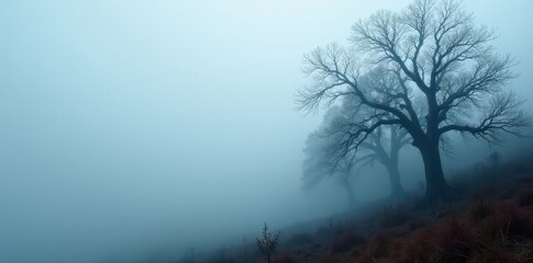 Thick fog hangs heavy, obscuring gnarled branches and leafless trees , overcast, wild, shadow