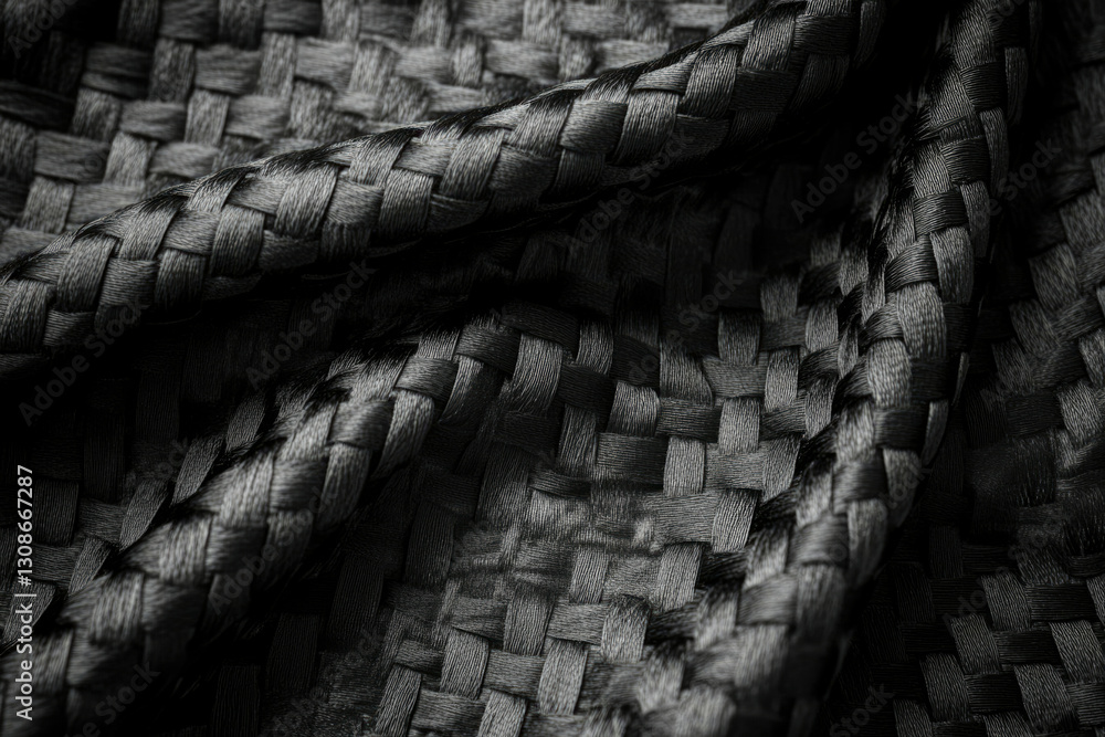 Poster close-up of black woven fabric with an intricate, textured pattern, showcasing its luxurious and ele