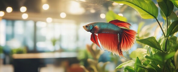Vibrant betta fish swimming in an aquarium, blurred office background.
