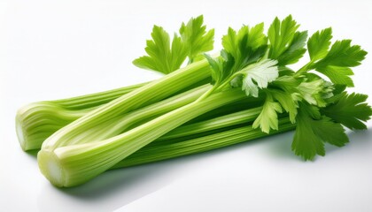 Fresh celery stalks with a crisp texture, isolated on a white background, offering a vibrant and healthy look ideal for health and wellness concepts.
