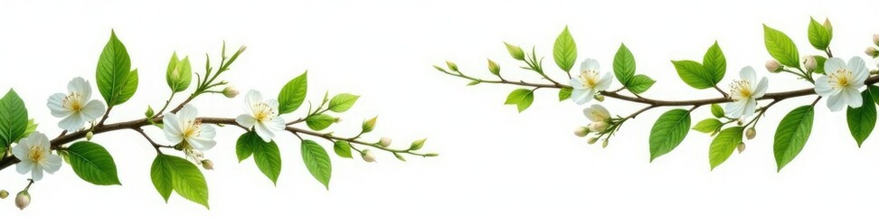 Fototapeta premium Leafy branches with delicate flowers isolated on white background, tree leaves, leafy greens, leafy greens